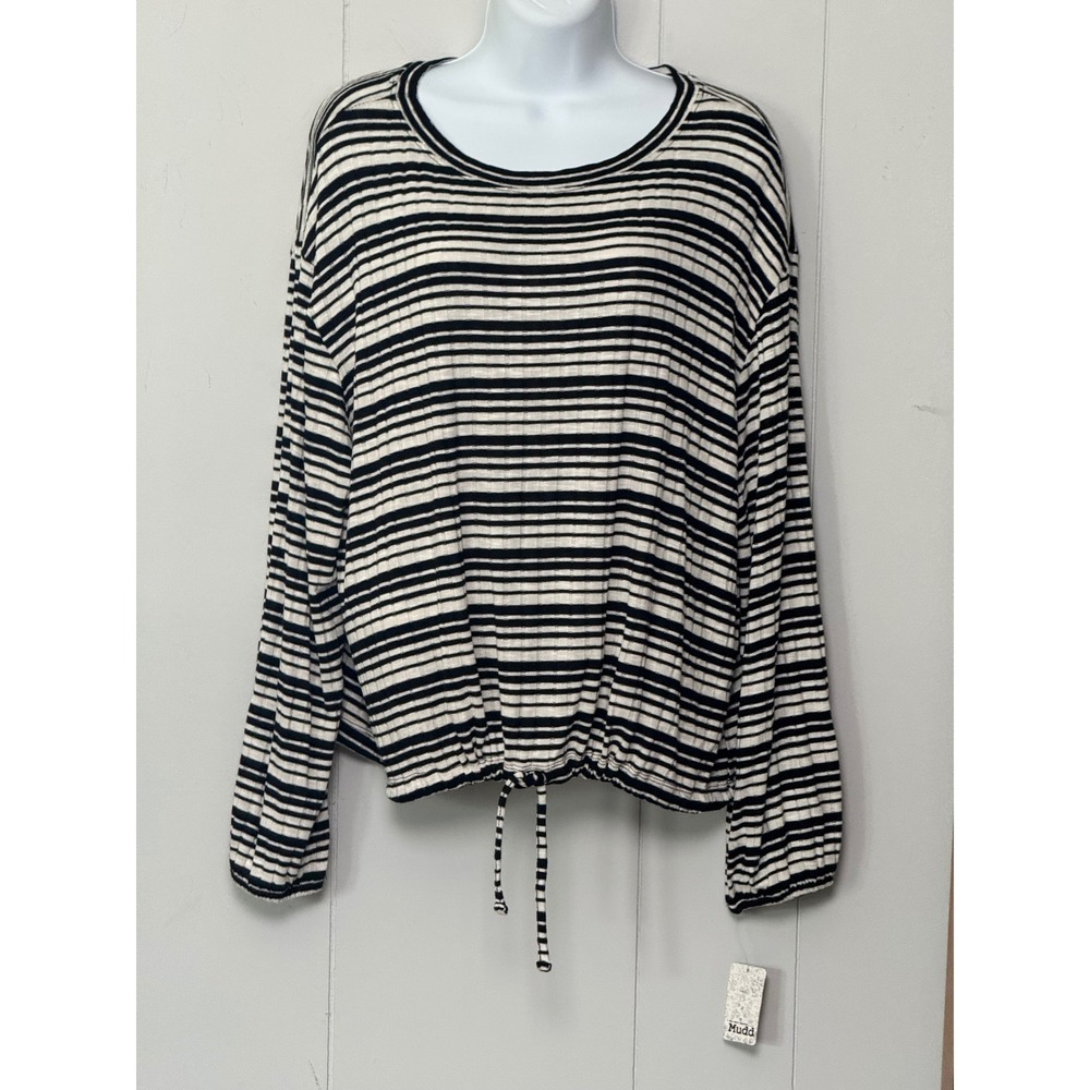 Mudd Women's Black White Striped Long Sleeve Cinched Drawstring Top Size XL
